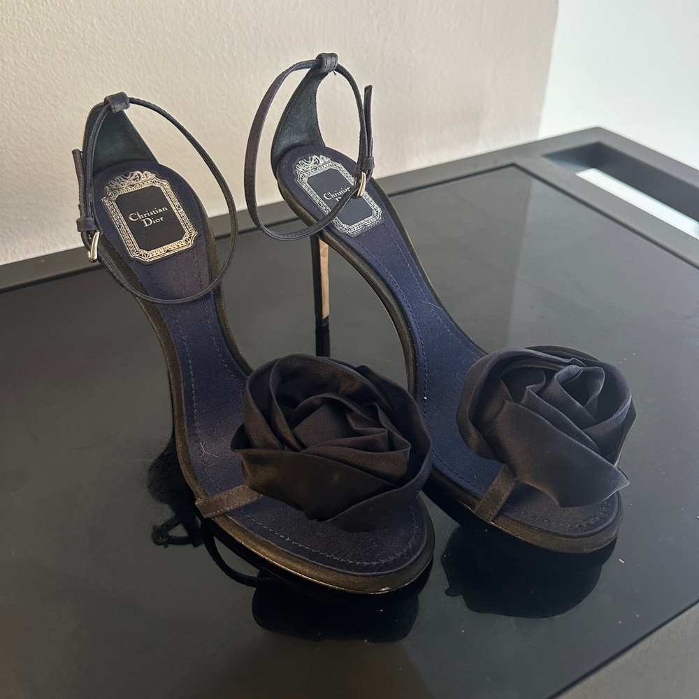 Christian Dior Garden Rosette Navy Silk Satin Heels 37.5